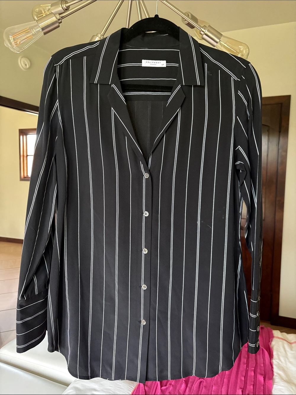 Equipment Black Button-Down Shirt with White Pinstripes
